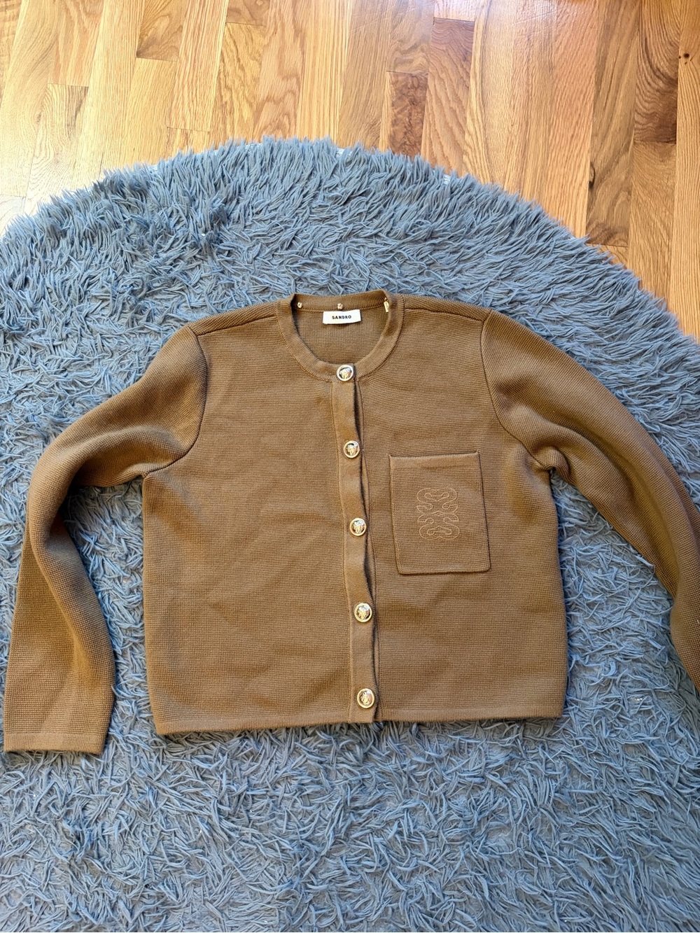 Sandro Light Brown Crewneck Button-Front Wool Cardigan Size M - Picture 3 of 8